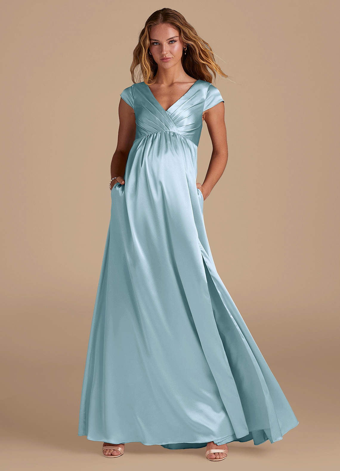 Azazie Allessia Maternity Bridesmaid Dresses A-Line Metallic Satin Floor-Length Dress image1