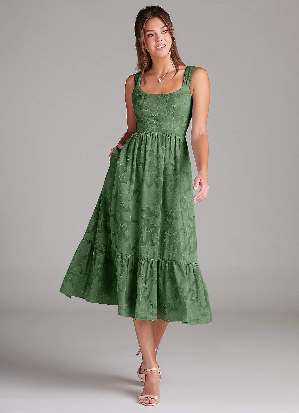 Azazie Alissa Bridesmaid Dresses Eucalyptus A-Line with Pockets Floral Burnout Dress image1