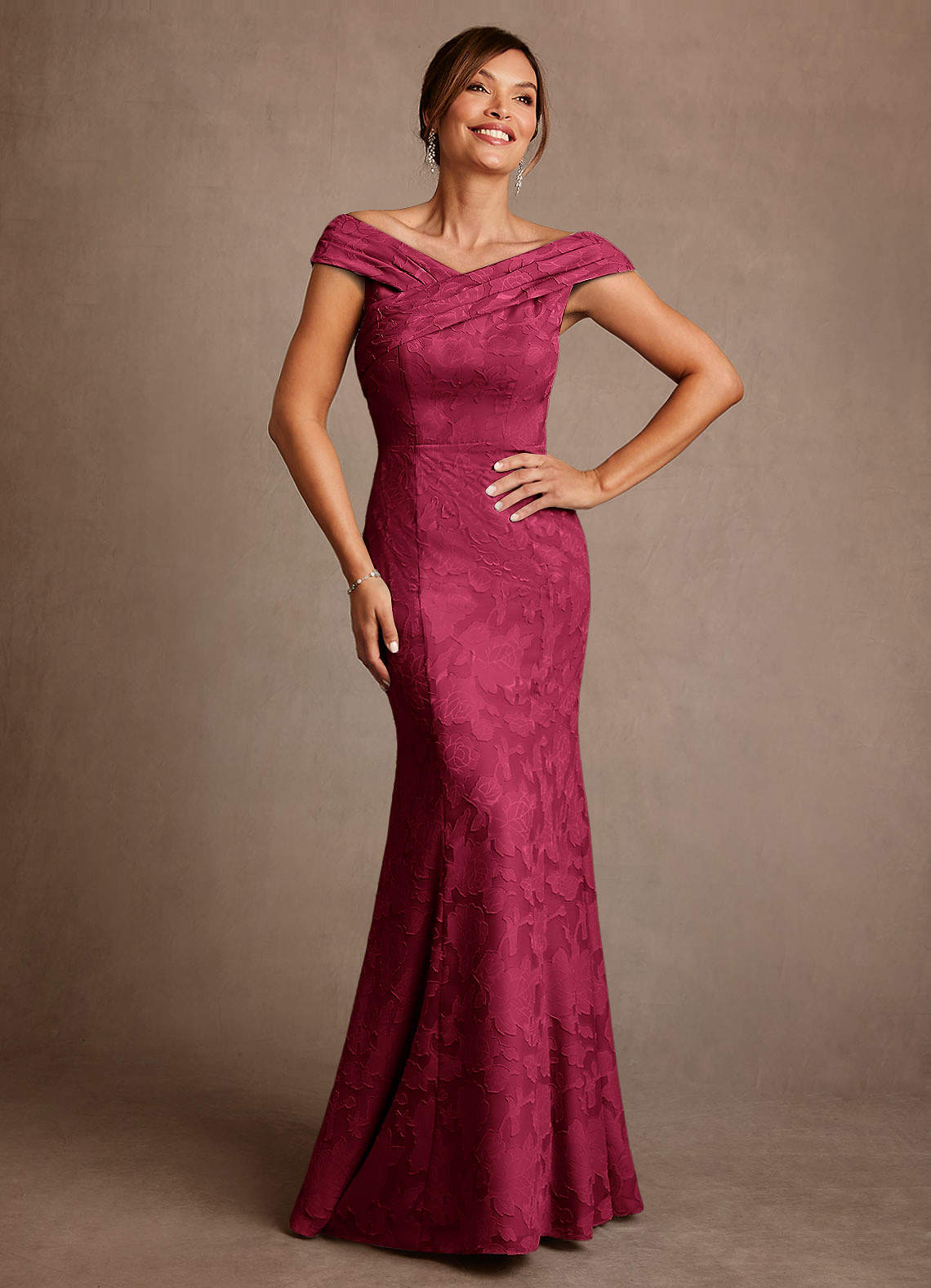 Azazie Aberdeen Mother of the Bride Dresses Burgundy Sheath Pleated Floral Burnout Dress image1