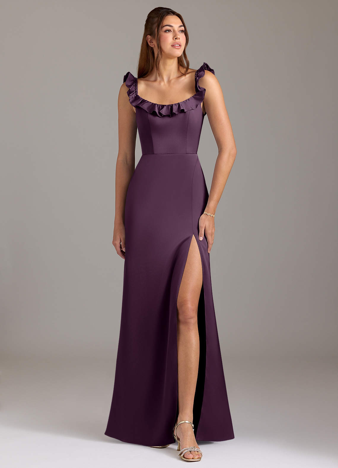Azazie Callie Bridesmaid Dresses Plum A-Line Ruched Stretch Satin Convertible Dress image1