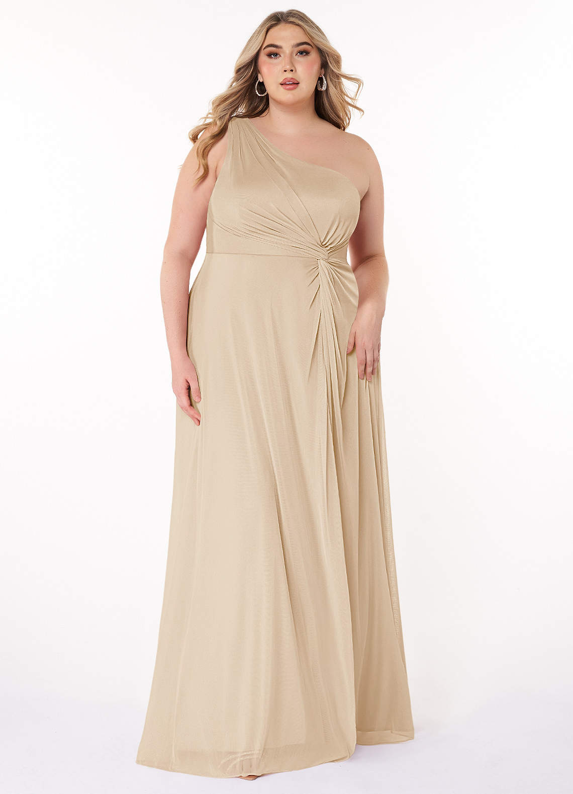 Azazie Brooke Bridesmaid Dresses Champagne A-Line One Shoulder Mesh Dress image1