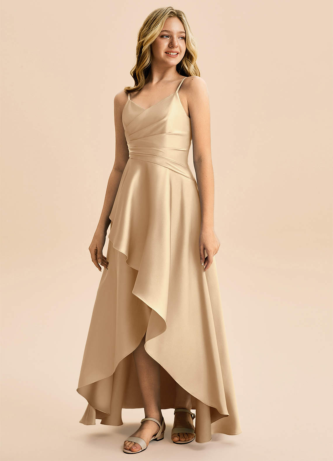 Azazie Eirlys Junior Robe Trapèze en Satin extensible Plissée Champagne image4