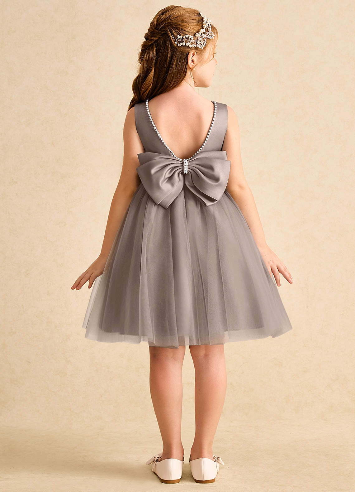 Azazie Jani Flower Girl Dresses Taupe A-Line Bow Tulle Dress image1