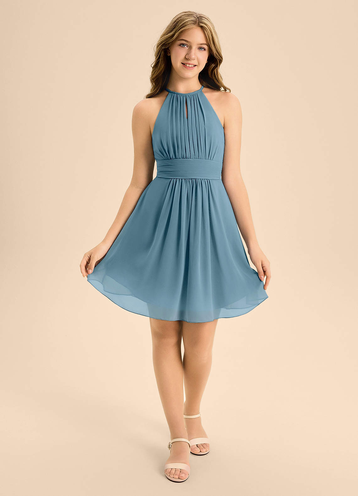 Azazie Bonnie Junior Bermuda A-Line Pleated Chiffon Dress image1