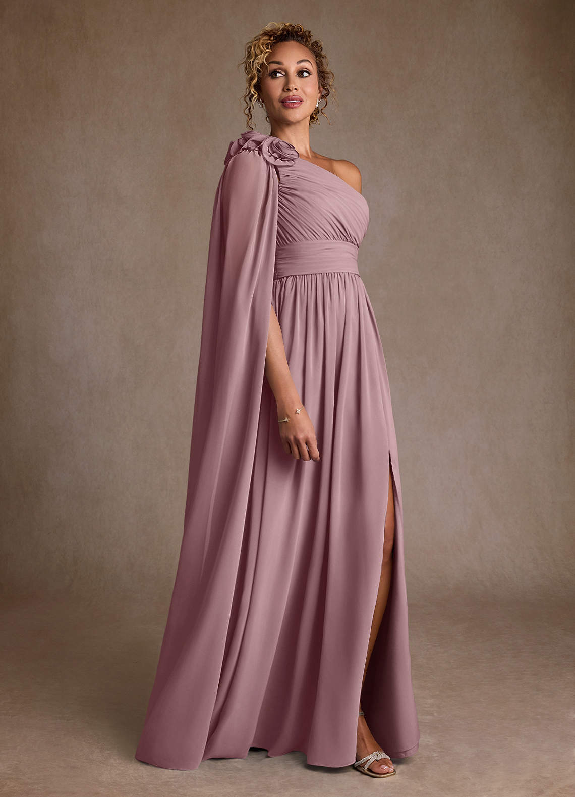 Azazie Lancaster Mère de la mariée Robes Robe Trapèze en Mousseline de soie Une épaule Rose Poussiéreuse image2