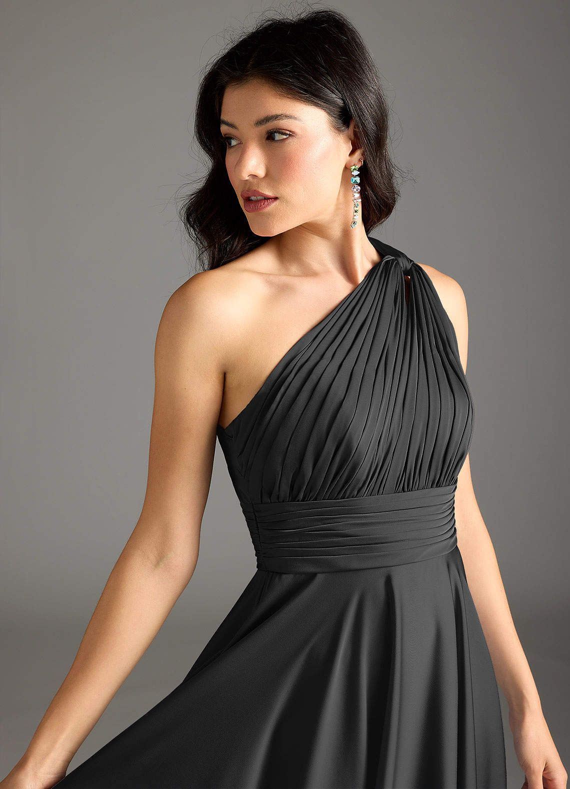 Azazie Charlize Bridesmaid Dresses Black A-Line One Shoulder Stretch Satin Dress image6