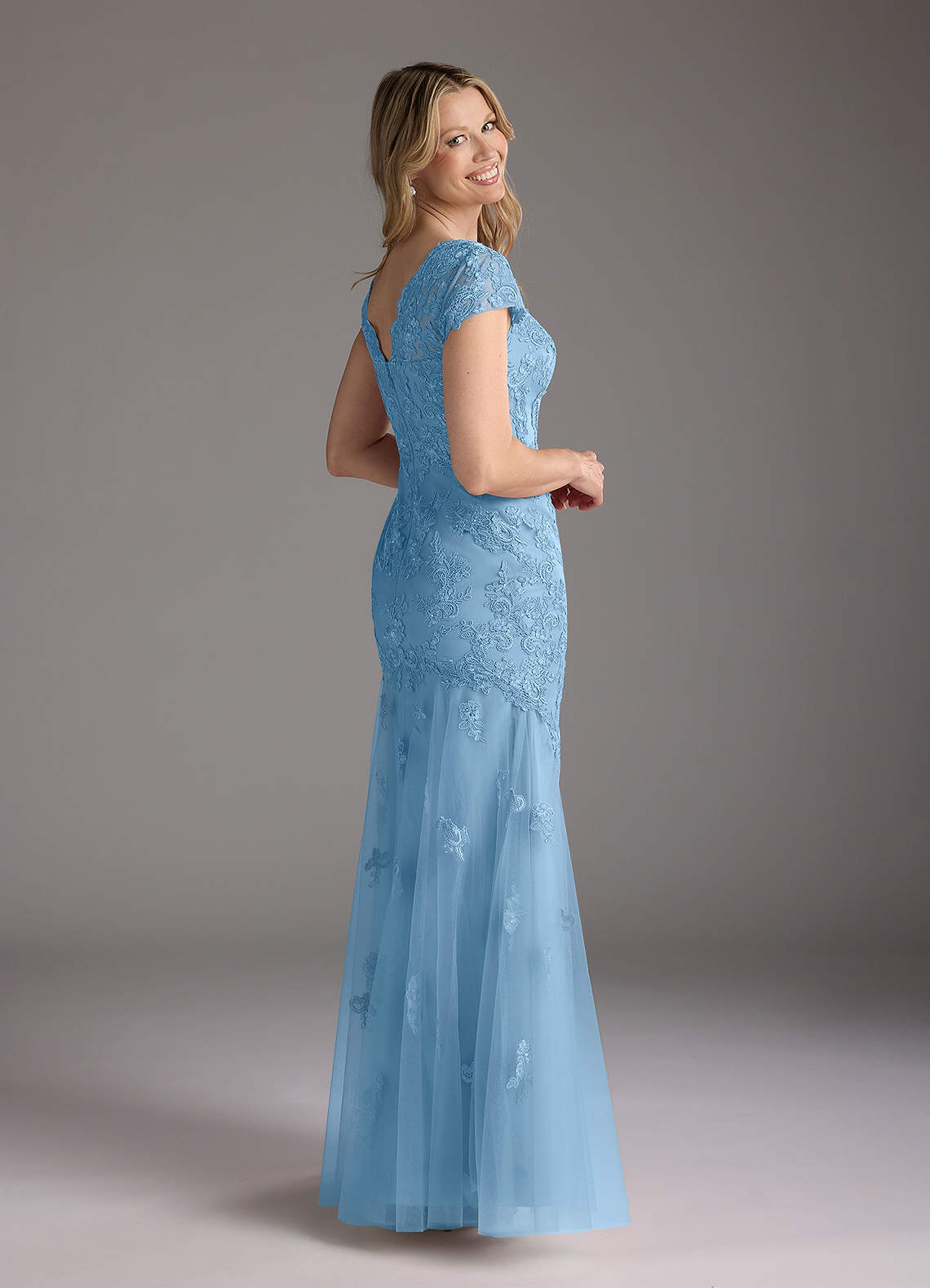 Azazie Marbella Mother of the Bride Dresses Steel Blue Mermaid Queen Anne Sequins Lace Dress image5