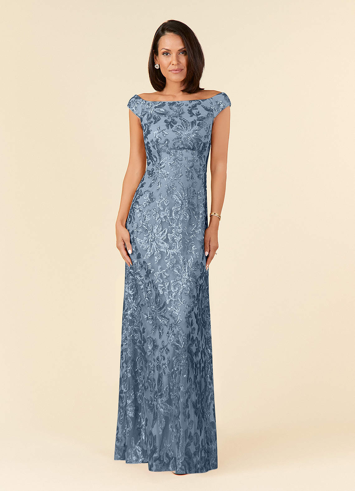 Azazie Porcelain Mother of the Bride Dresses Dusty Blue A-Line Off the Shoulder Lace Dress image1