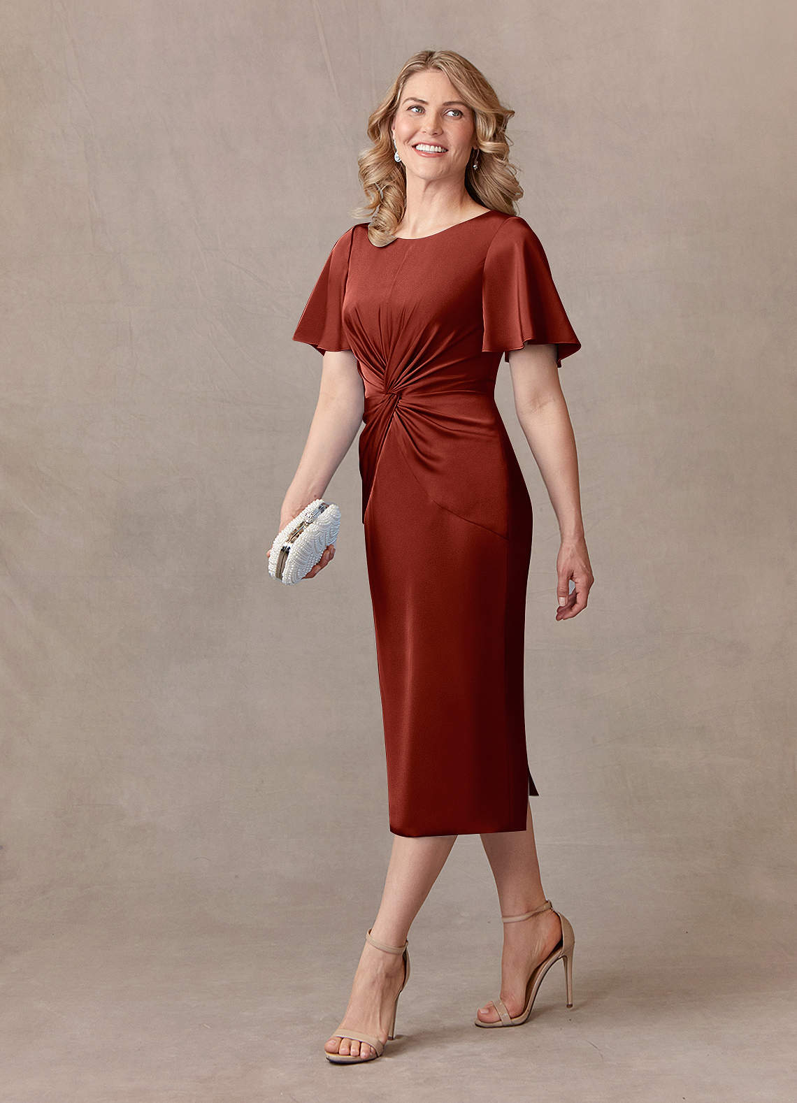 Azazie Everlyn Terracotta Sheath Pleated Stretch Satin Dress Ready to Ship  | Azazie CA