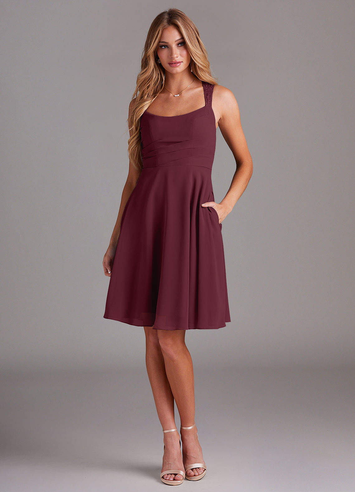 Azazie Vina Bridesmaid Dresses Cabernet A-Line Lace Chiffon Dress image1