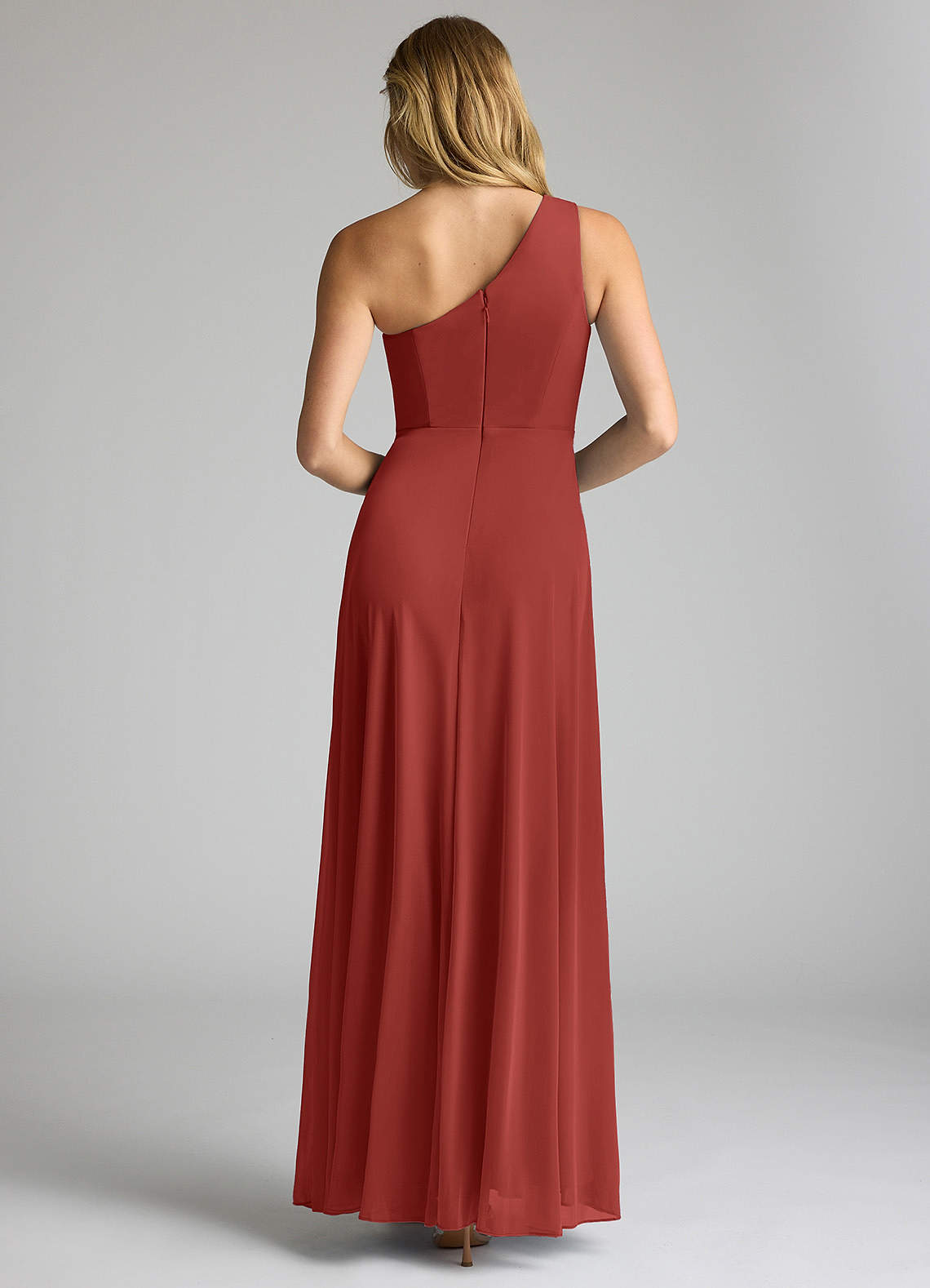 Azazie Brooke Robes de demoiselle d'honneur Robe Trapèze en Maille Une épaule Terracotta image4