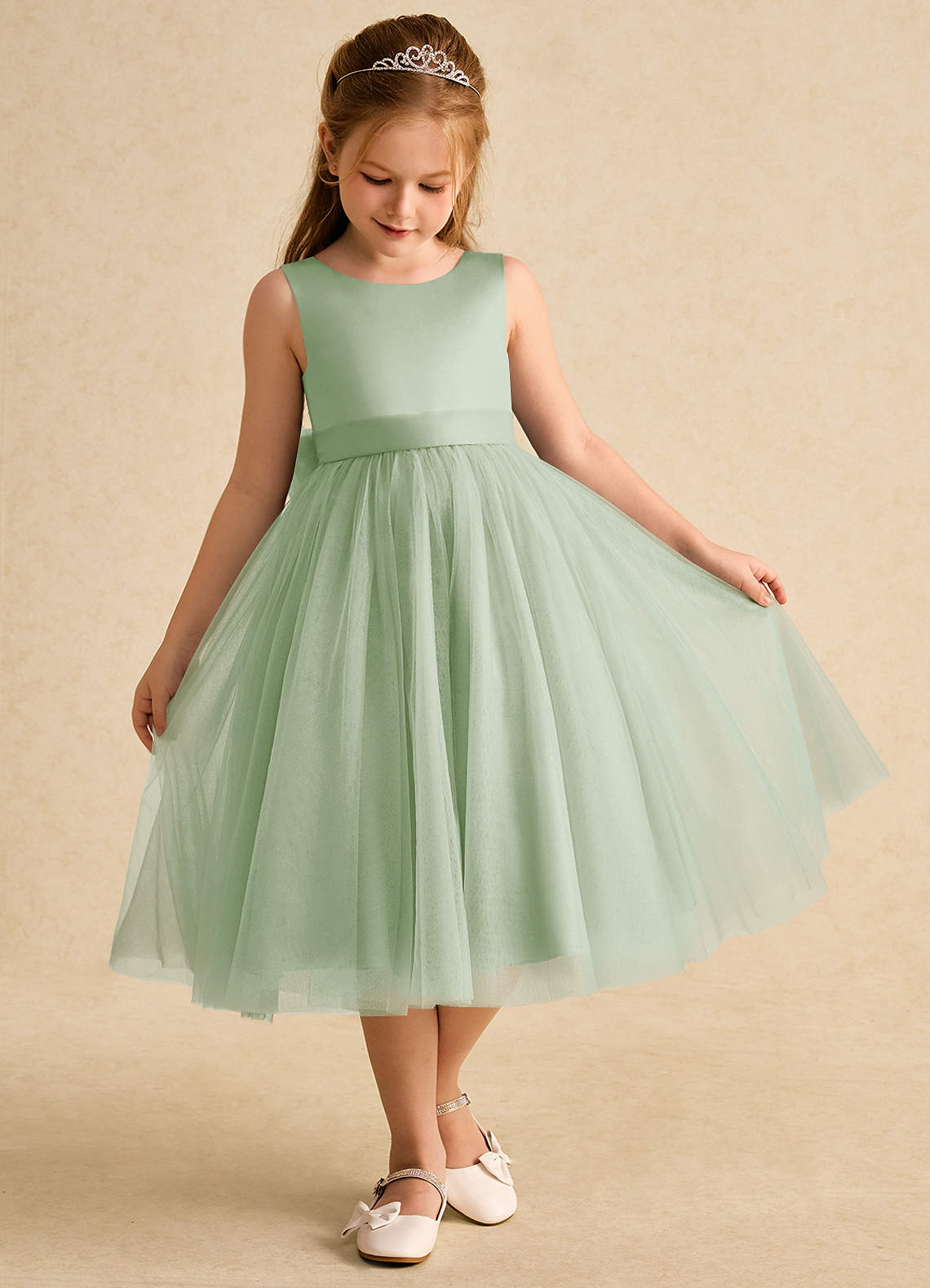 Azazie Winnie Flower Girl Dresses Dusty Sage Ball-Gown Bow Tulle Dress image1