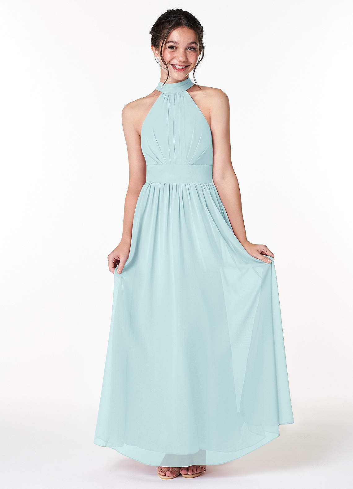 Azazie Iman Junior Sea Glass A-Line Pleated Chiffon Dress image1