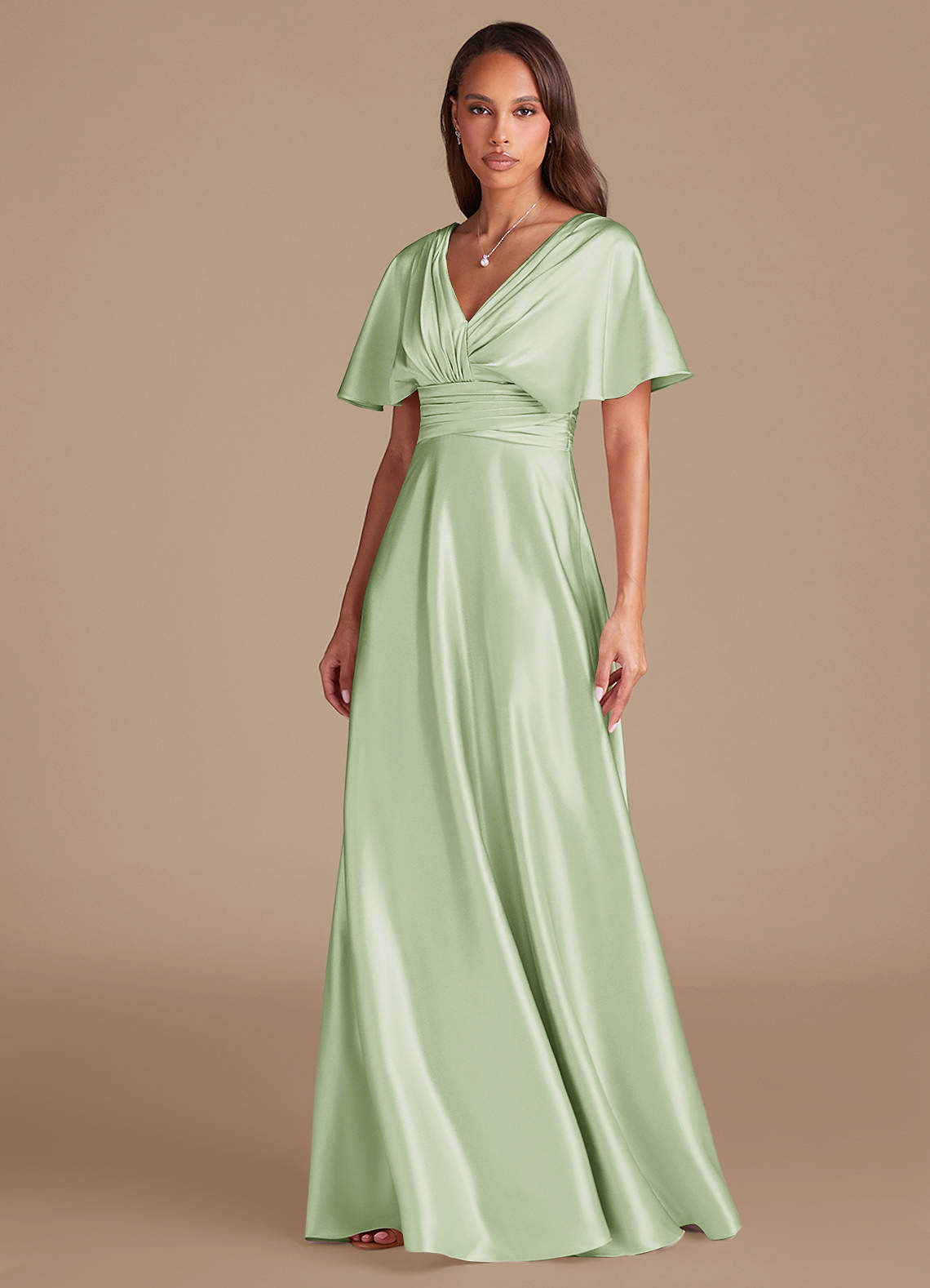 Azazie Pamela Dusty Sage Metallic Satin Bridesmaid Dresses | Azazie