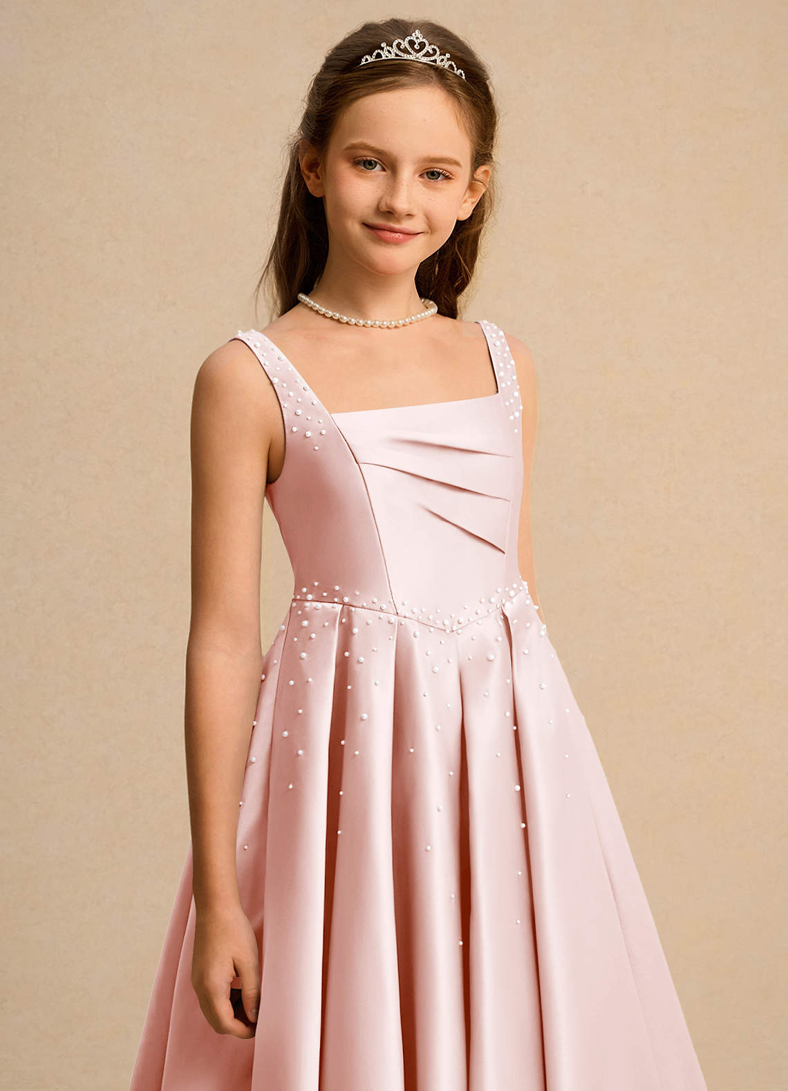 Azazie Mochi Girls Formal Vestidos de florista Vestido Rosa Corado de Cetim fosco de Vestido de baile com Plissado image6