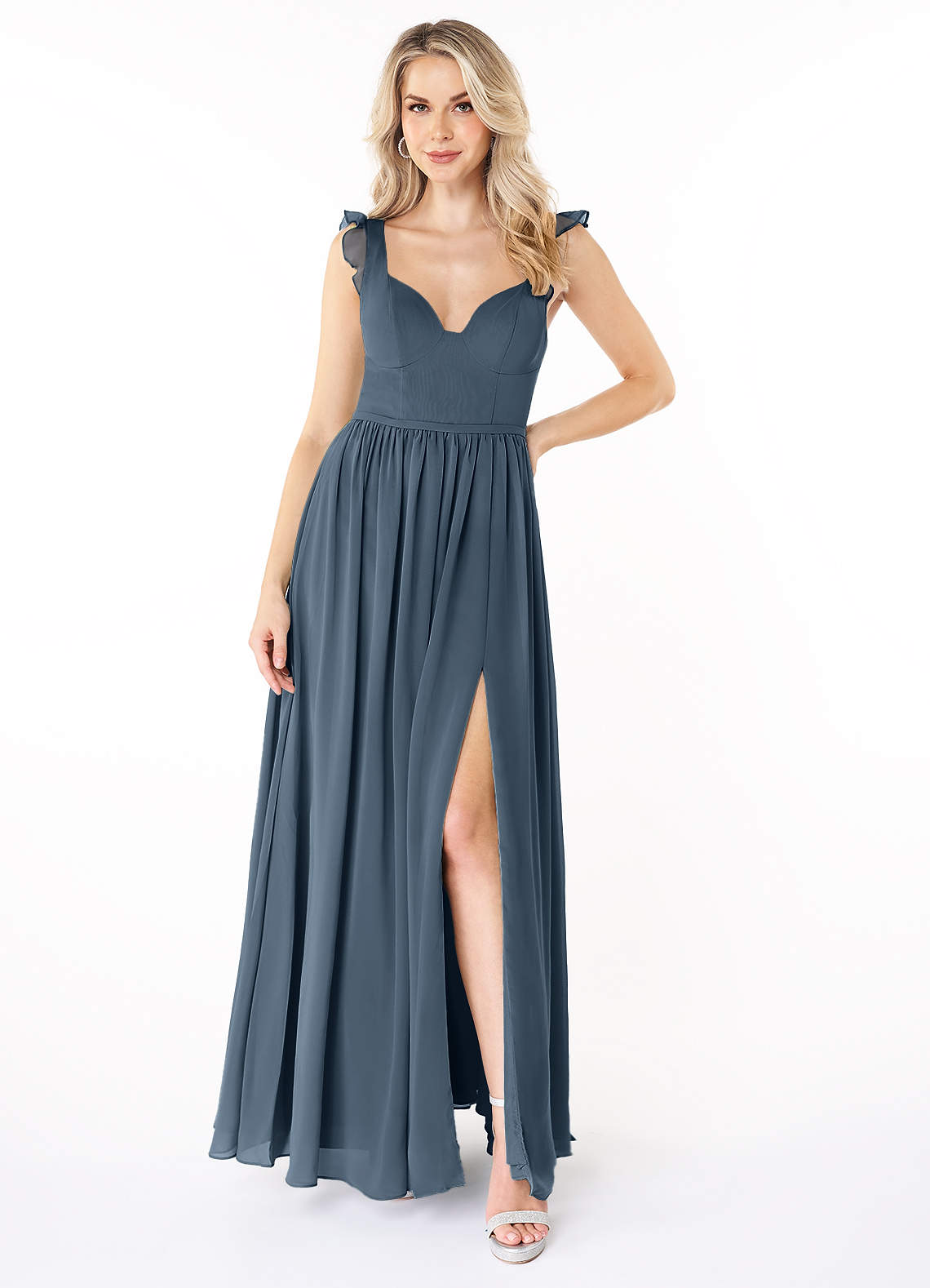 Azazie Stassie Abiti da Damigella Abito A-Line in Chiffon Increspato con Scollo a Cuore Blu Nettuno image1