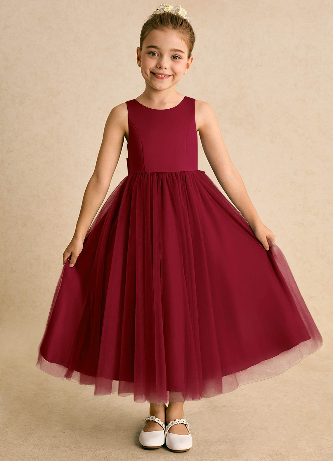 Azazie Solia Robe Demoiselle D'honneur Fillette Robe Princesse en Tulle Arc Bourgogne image1