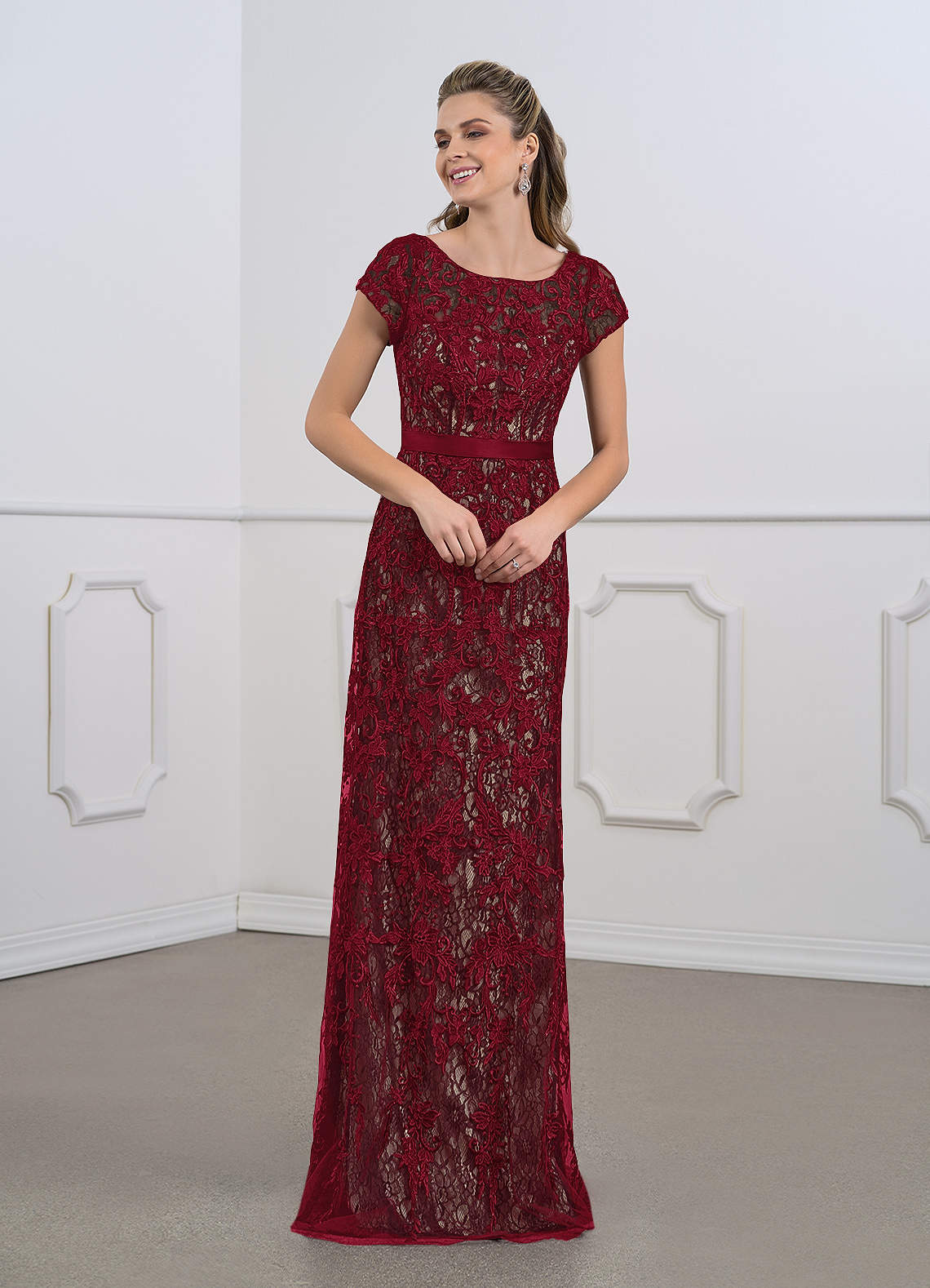 Azazie Dorit Mother of the Bride Dresses Burgundy Champagne Sheath Scoop Lace Dress image1