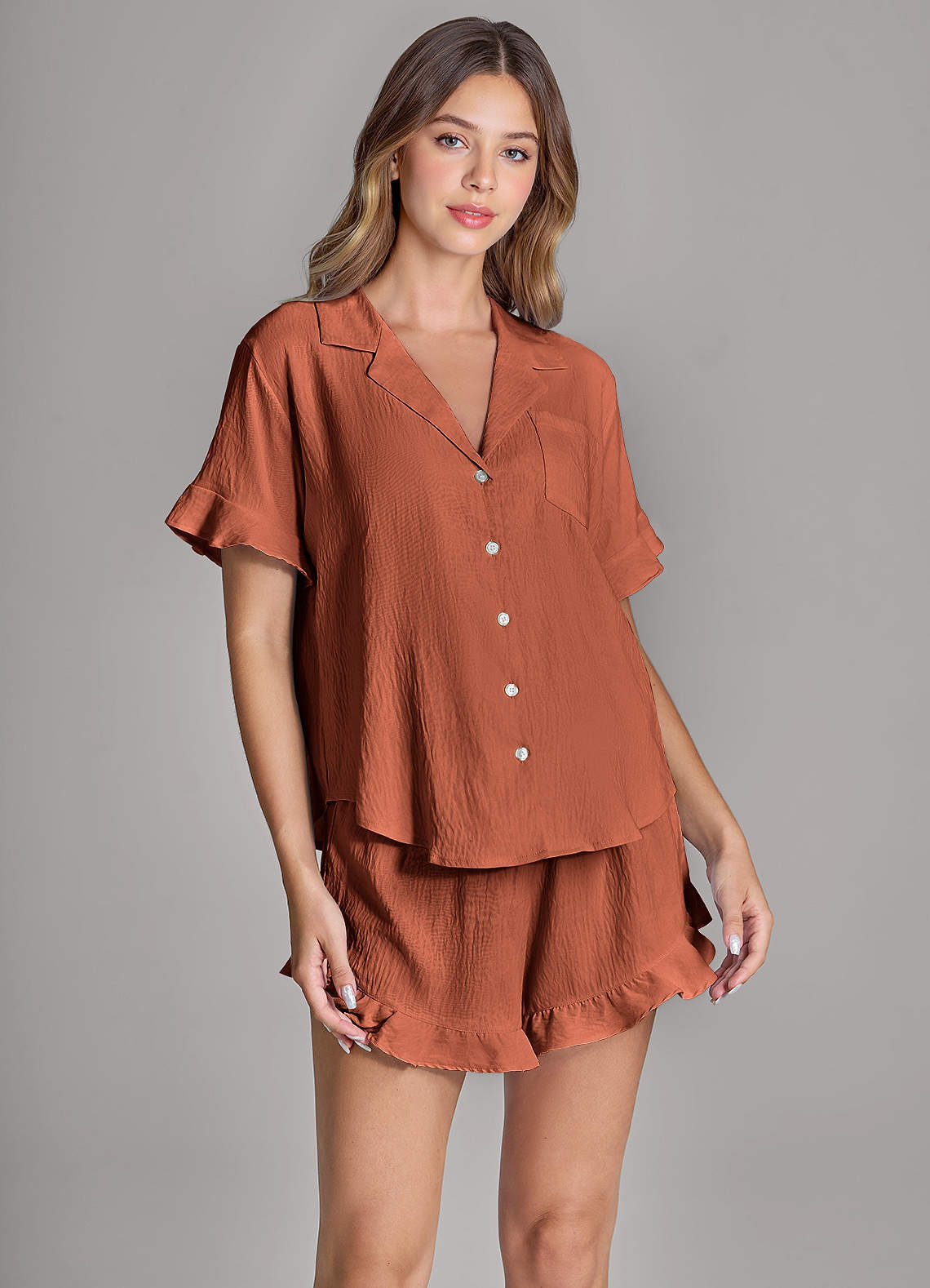 front Matching Color Ruffled Cloud-Soft Pajama Set