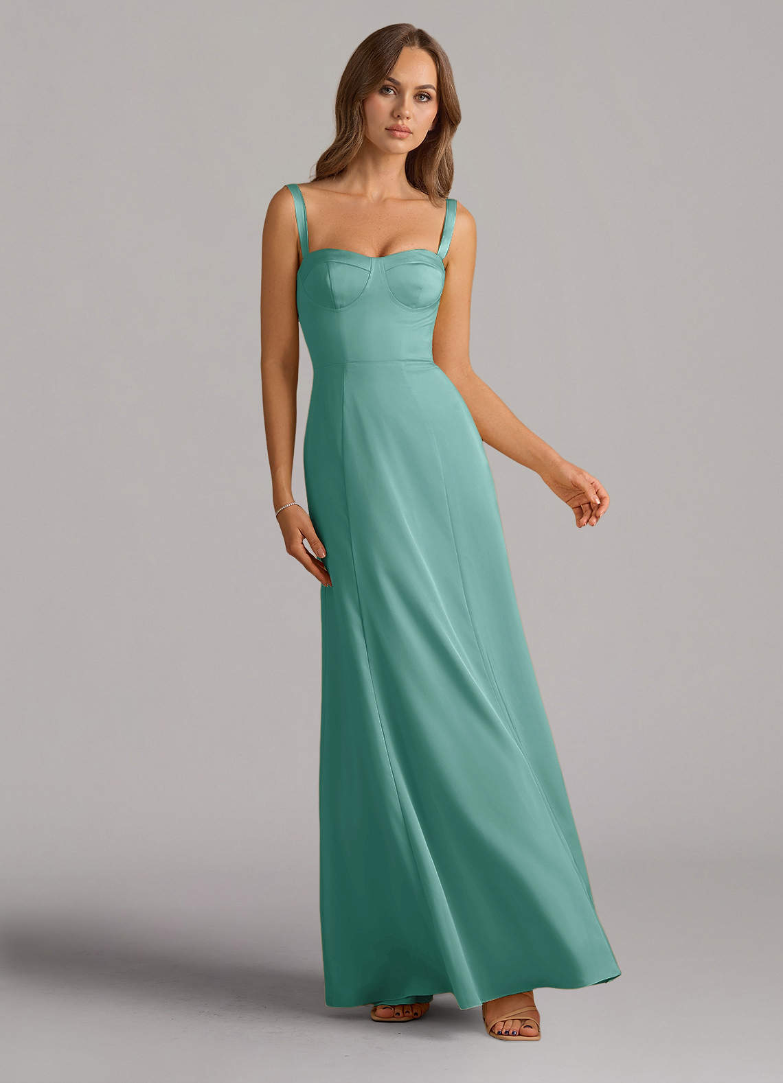 Azazie Amaris Bridesmaid Dresses Aqua A-Line Corset Stretch Satin Dress image1