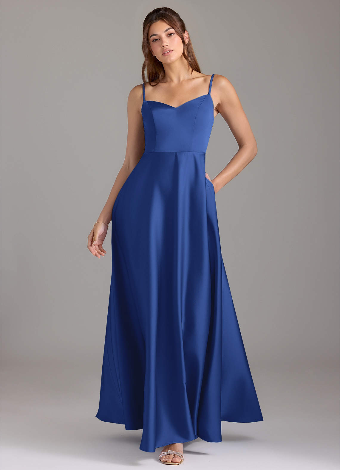 Azazie Marley Vestidos de damas de honor Vestido de Azul Real de Satén Elástico de Corte en A Convertible con Vestidos sin tirantes image1