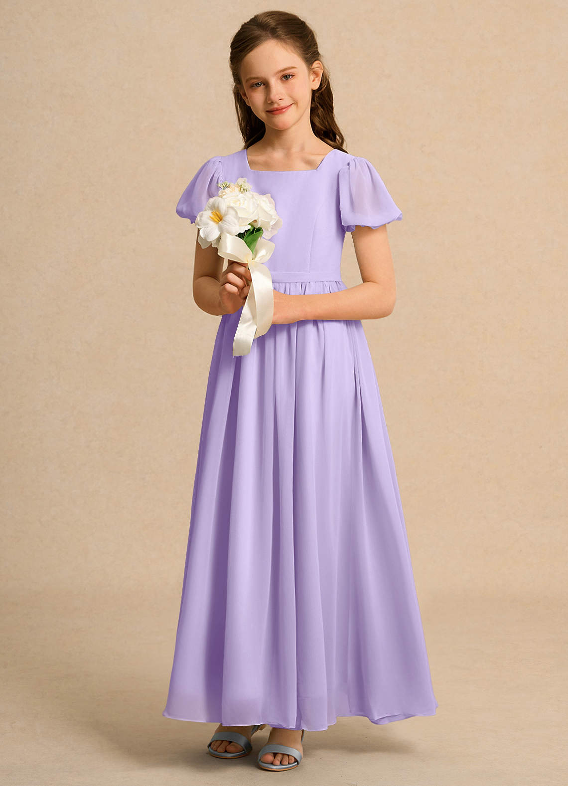 Azazie Joss Flower Girl Dresses Lilac A-Line with Sleeves Chiffon Dress image11