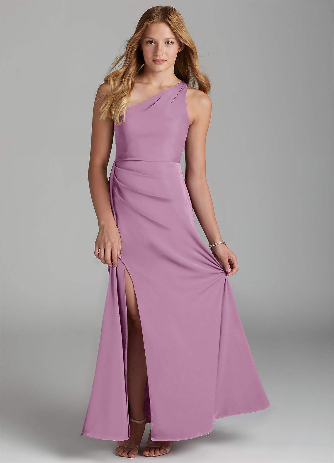 Azazie Maron Junior Wisteria A-Line Pleated Stretch Satin Dress image1