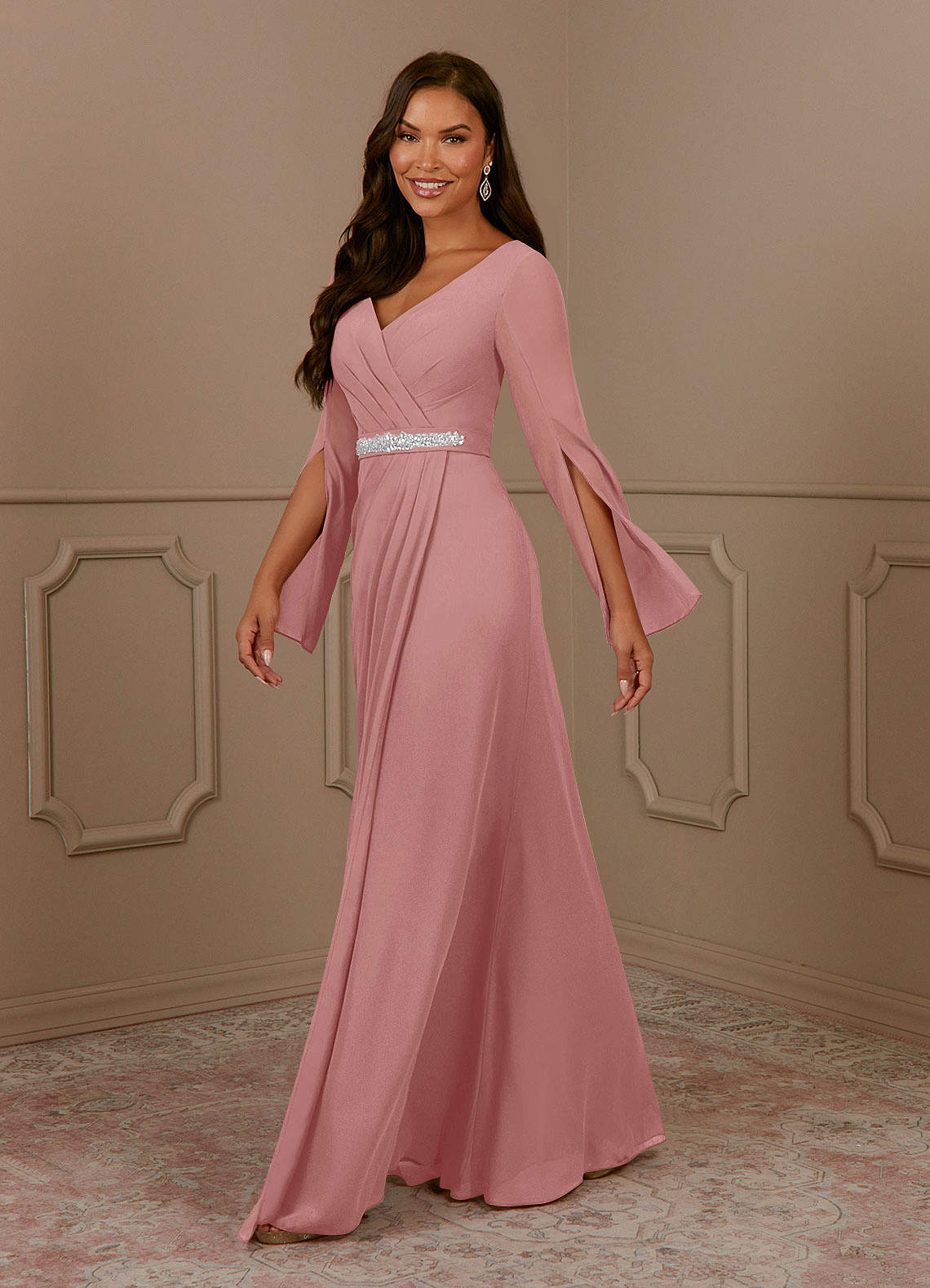 Azazie Belinda Dusty Rose A-Line V-Neck Pleated Chiffon Dress | Azazie