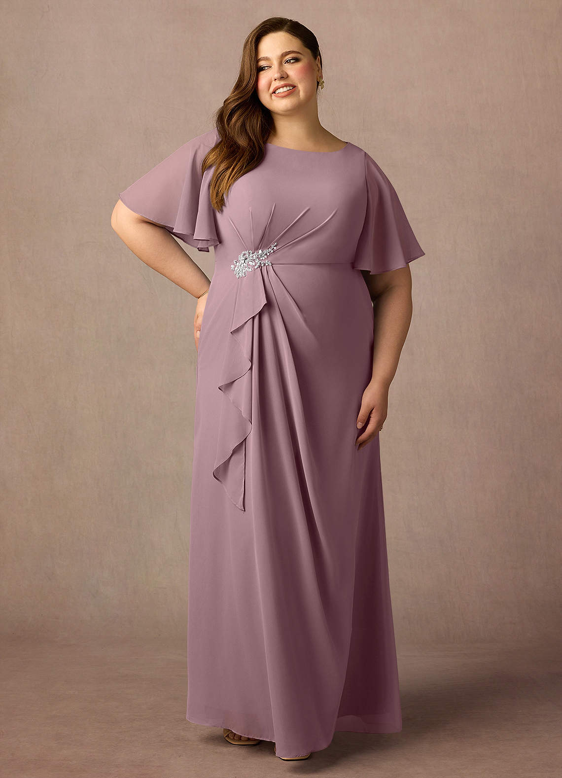 Azazie Rain Abiti per la Madre della Sposa Abito Tubino in Chiffon Perline Rosa Polverosa image1