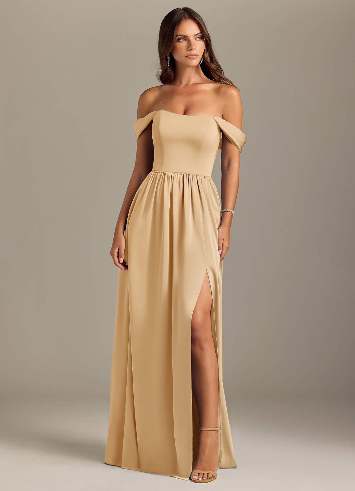 Azazie Calianna Bridesmaid Dresses Gold A-Line Off the Shoulder Stretch Satin Convertible Dress image1
