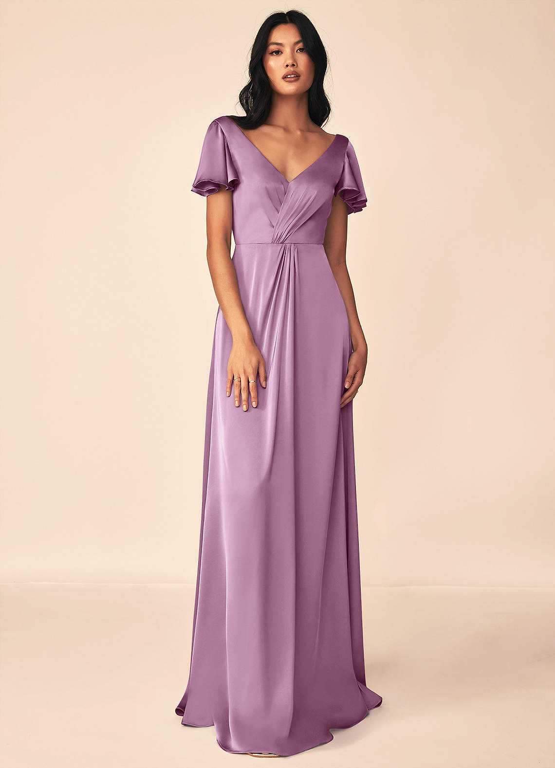 Azazie Soren Bridesmaid Dresses Wisteria A-Line Pleated Stretch Satin Dress image1