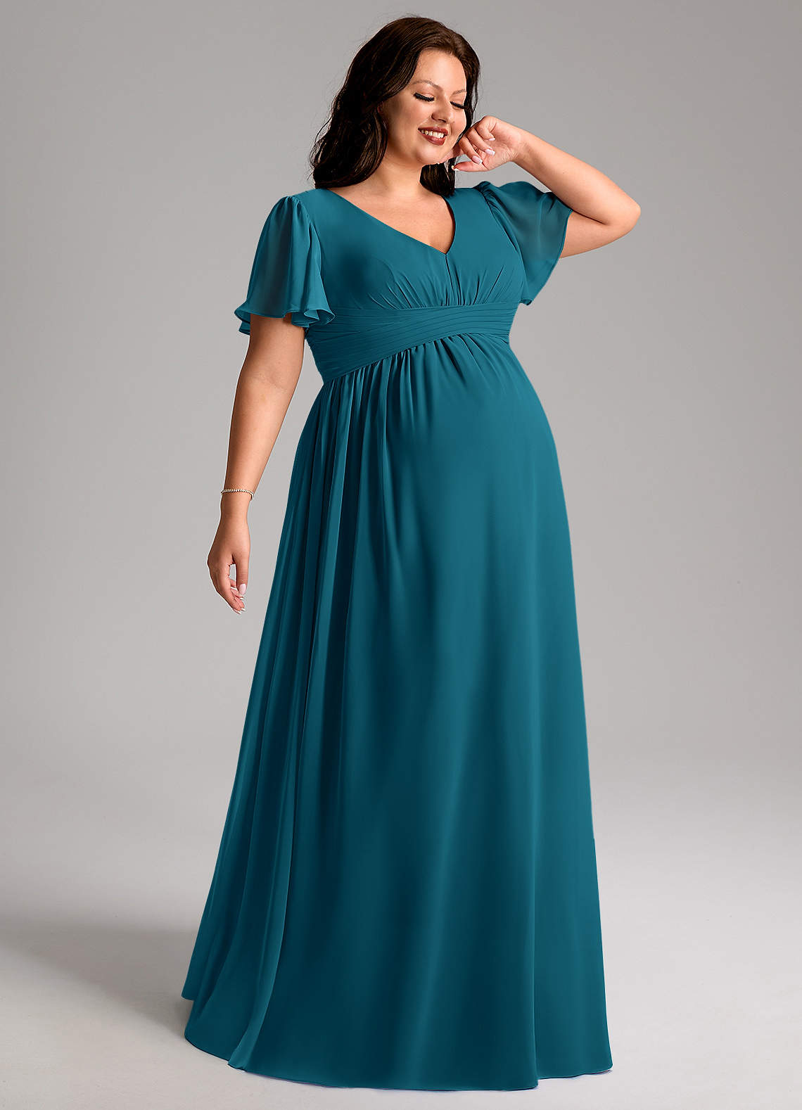 Azazie Verna Maternity Bridesmaid Dresses A-Line V-Neck Ruched Chiffon Floor-Length Dress image1