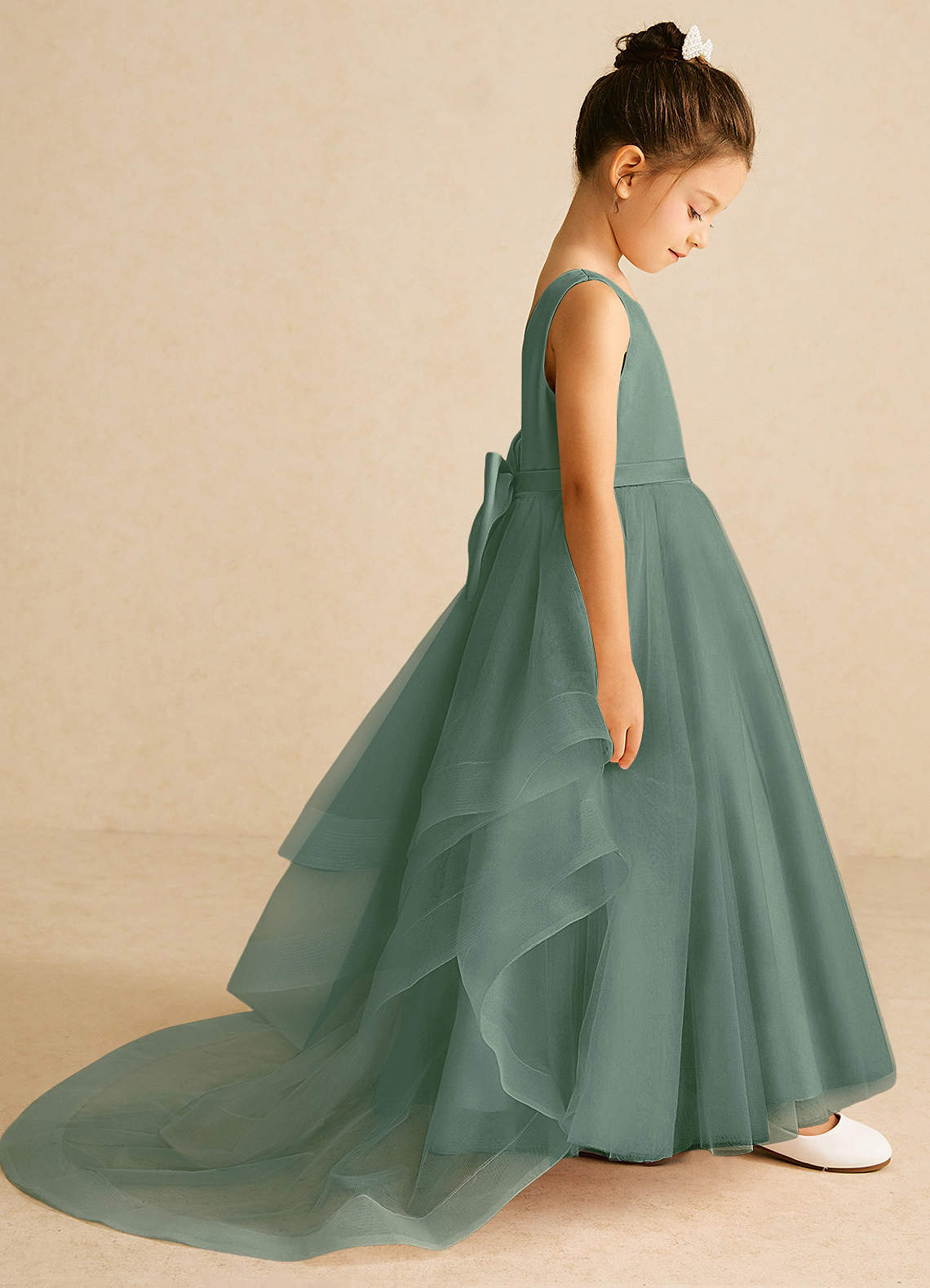 Azazie Pumpkin Flower Girl Dresses Eucalyptus A-Line Convertible Tulle Dress image2