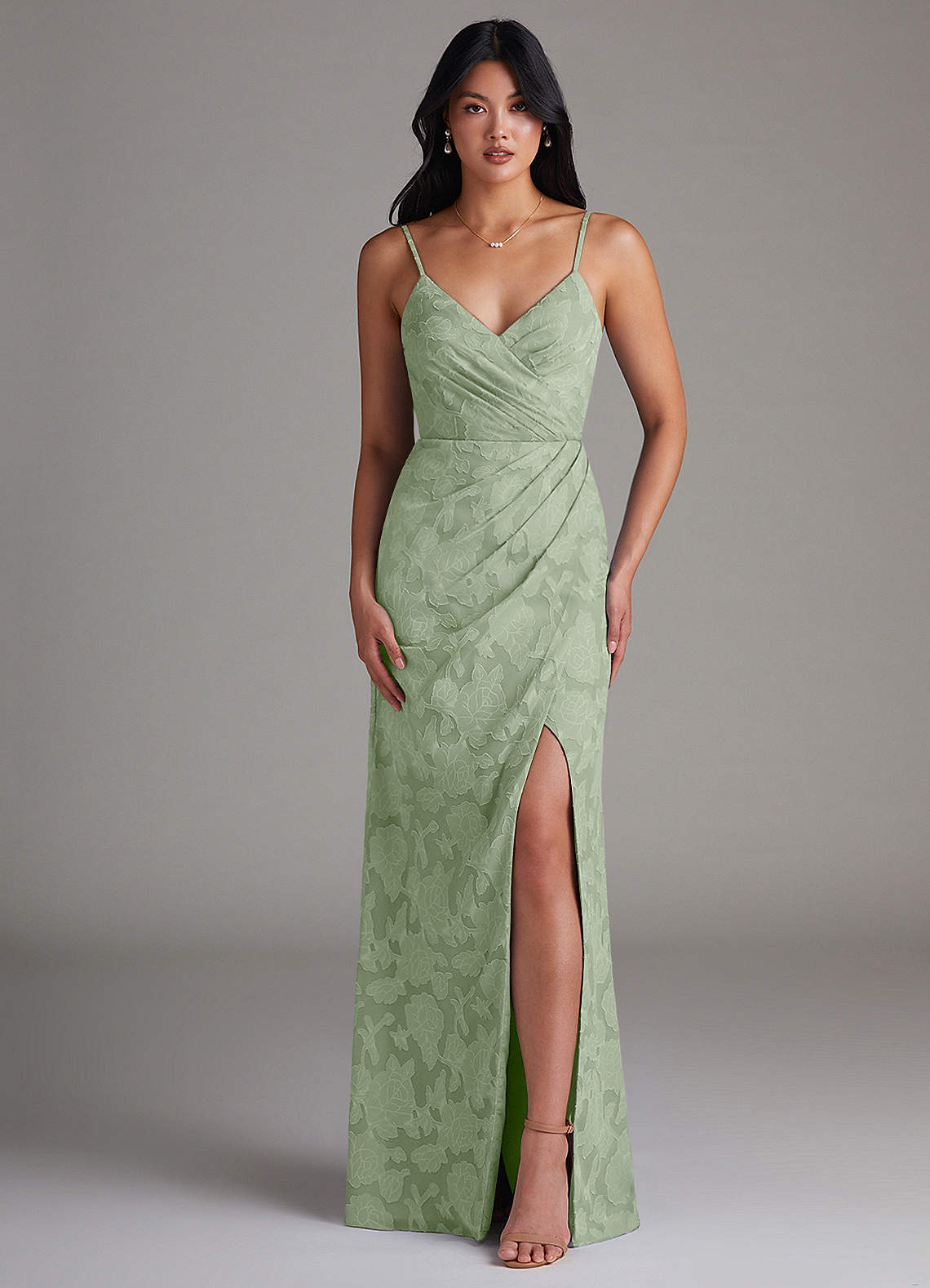 Azazie Maci Bridesmaid Dresses Dusty Sage Sheath Pleated Floral Burnout Dress image1