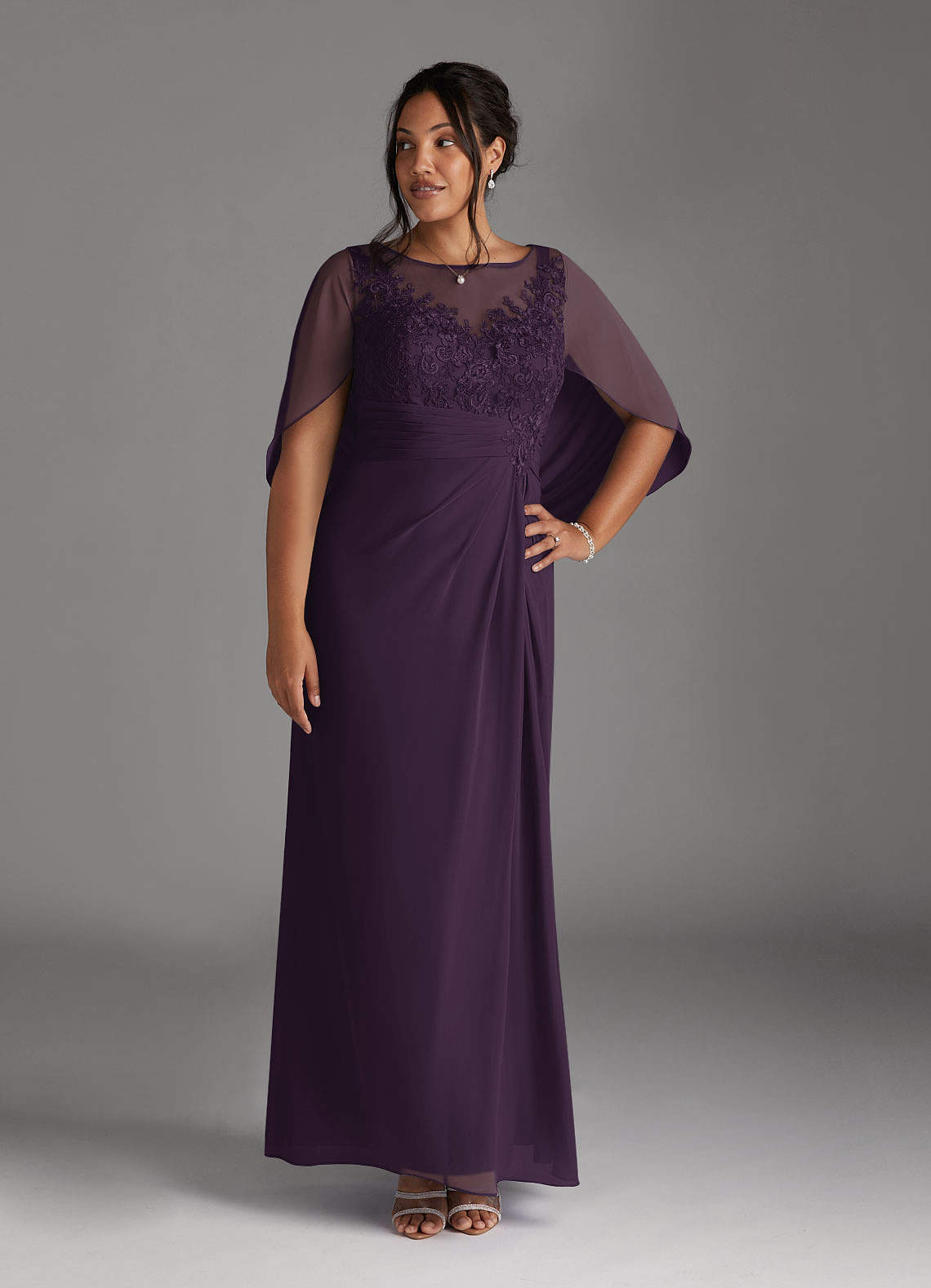 Azazie Hera Mother of the Bride Dresses Plum A-Line Lace Capelet Chiffon Dress image5