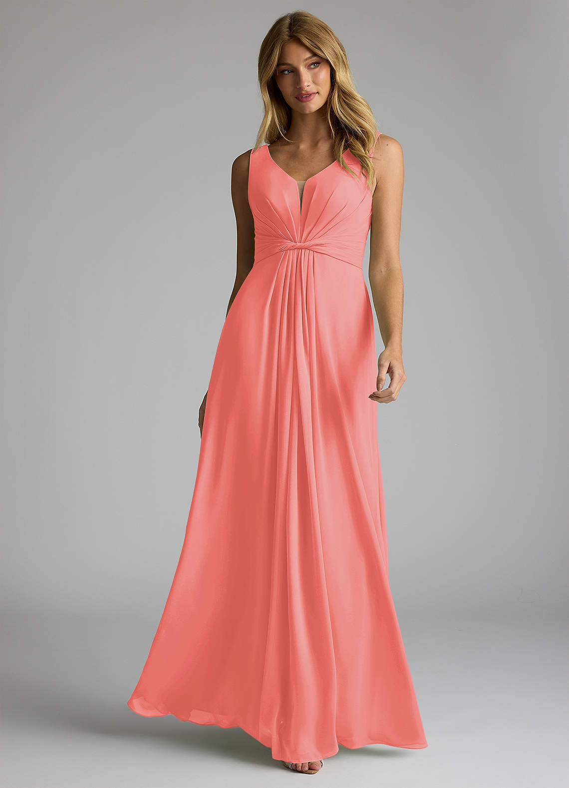 Azazie Gina Brautjungfernkleider A-Linie V-Hals Gefaltet Chiffon Kleid Koralle image1