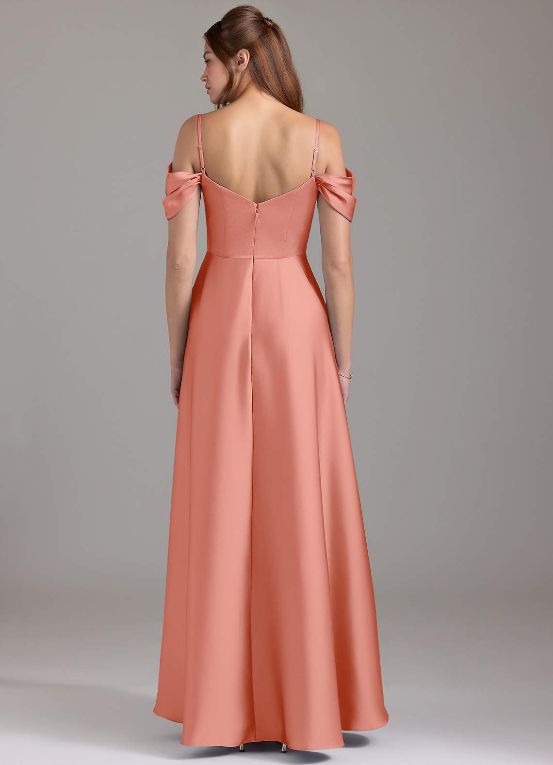 coral off the shoulder bridesmaid dresses Azazie Emerson