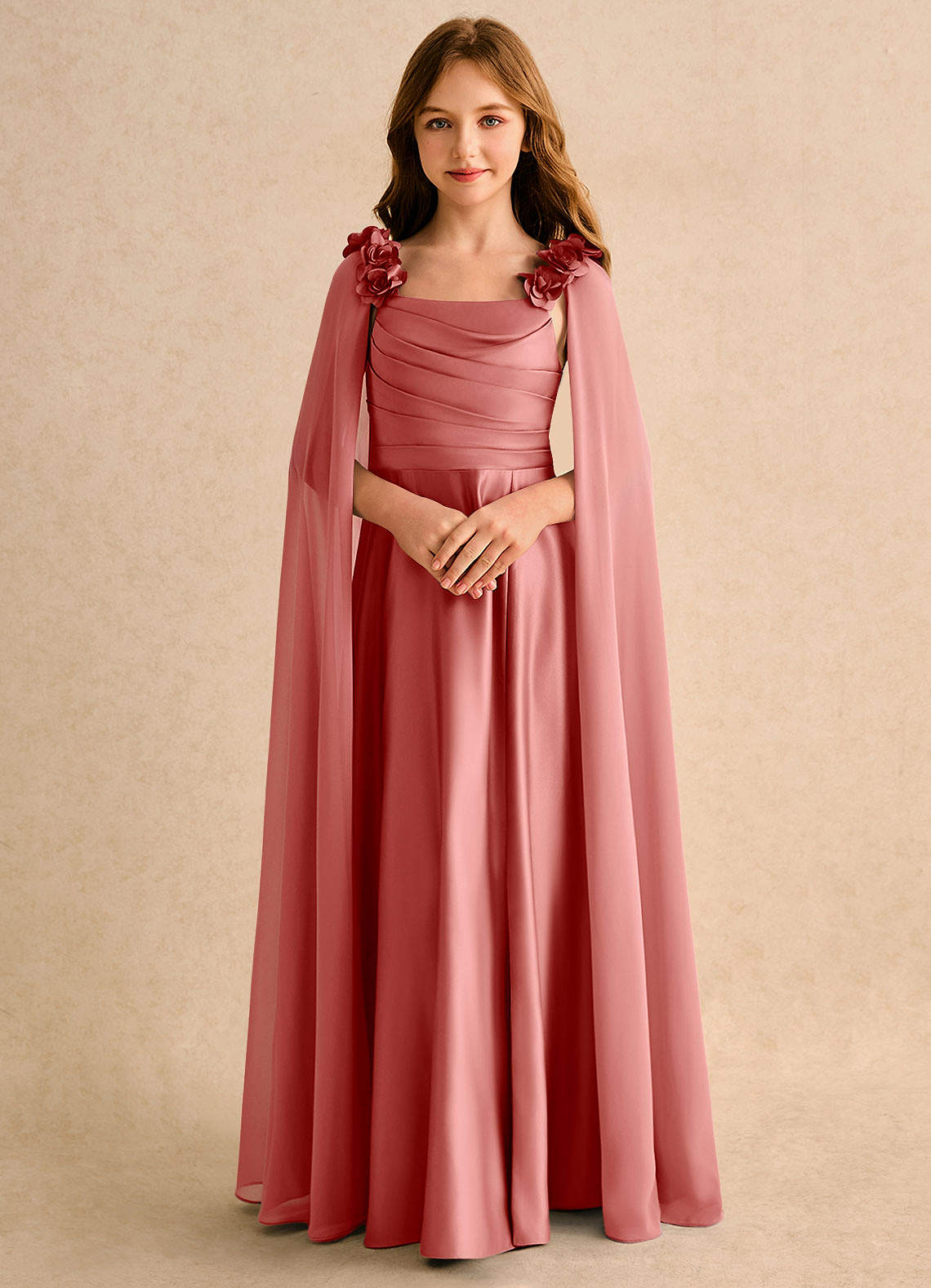 Azazie Rosita Girls Formal Vestidos de florista Vestido Rosa Antiga de Cetim fosco de Linha A com Plissado image4