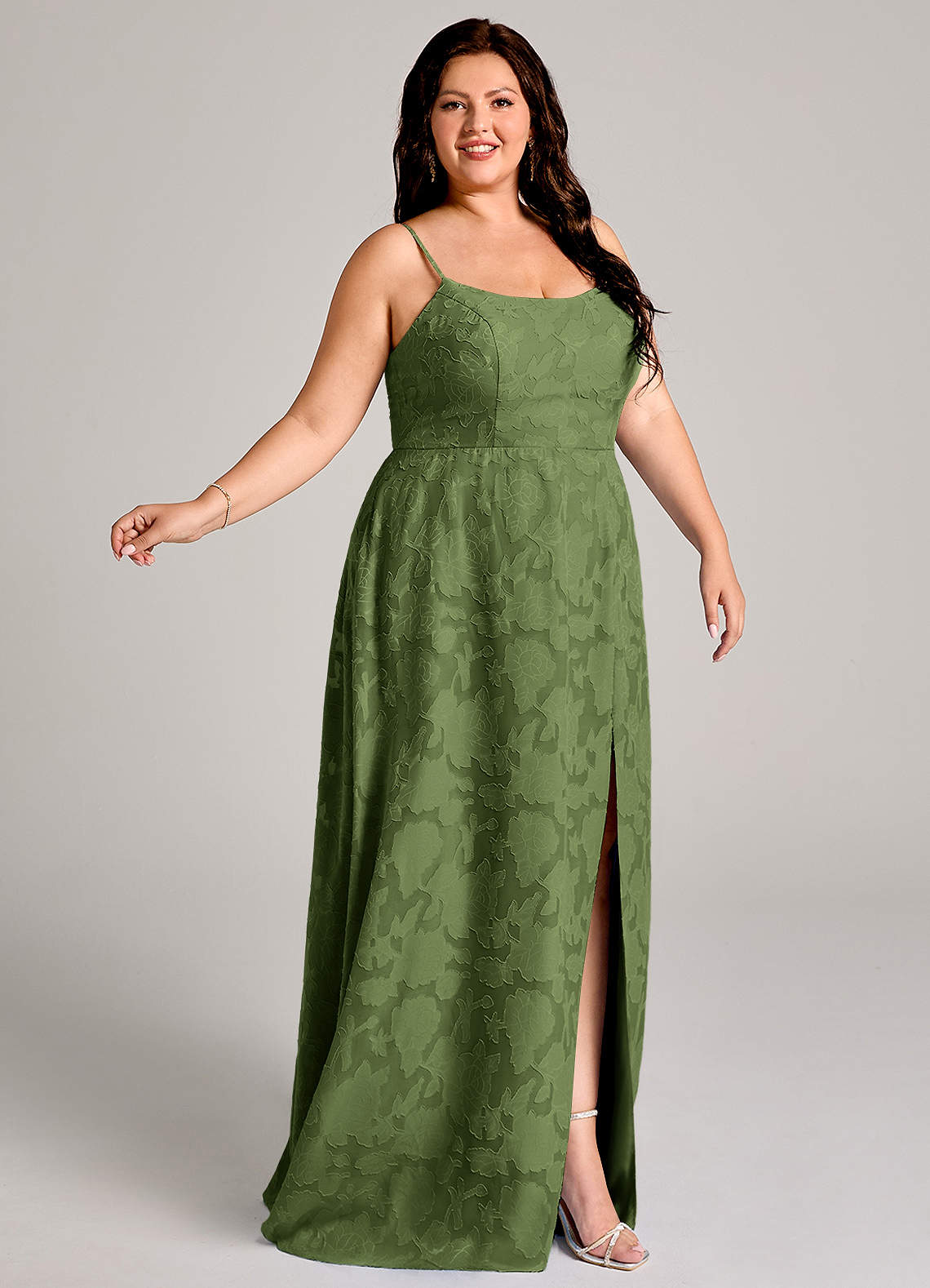 Azazie Moira Vestidos de madrinha de casamento Vestido Oliva de Esgotamento Floral de Linha A com Racha Lateral image8