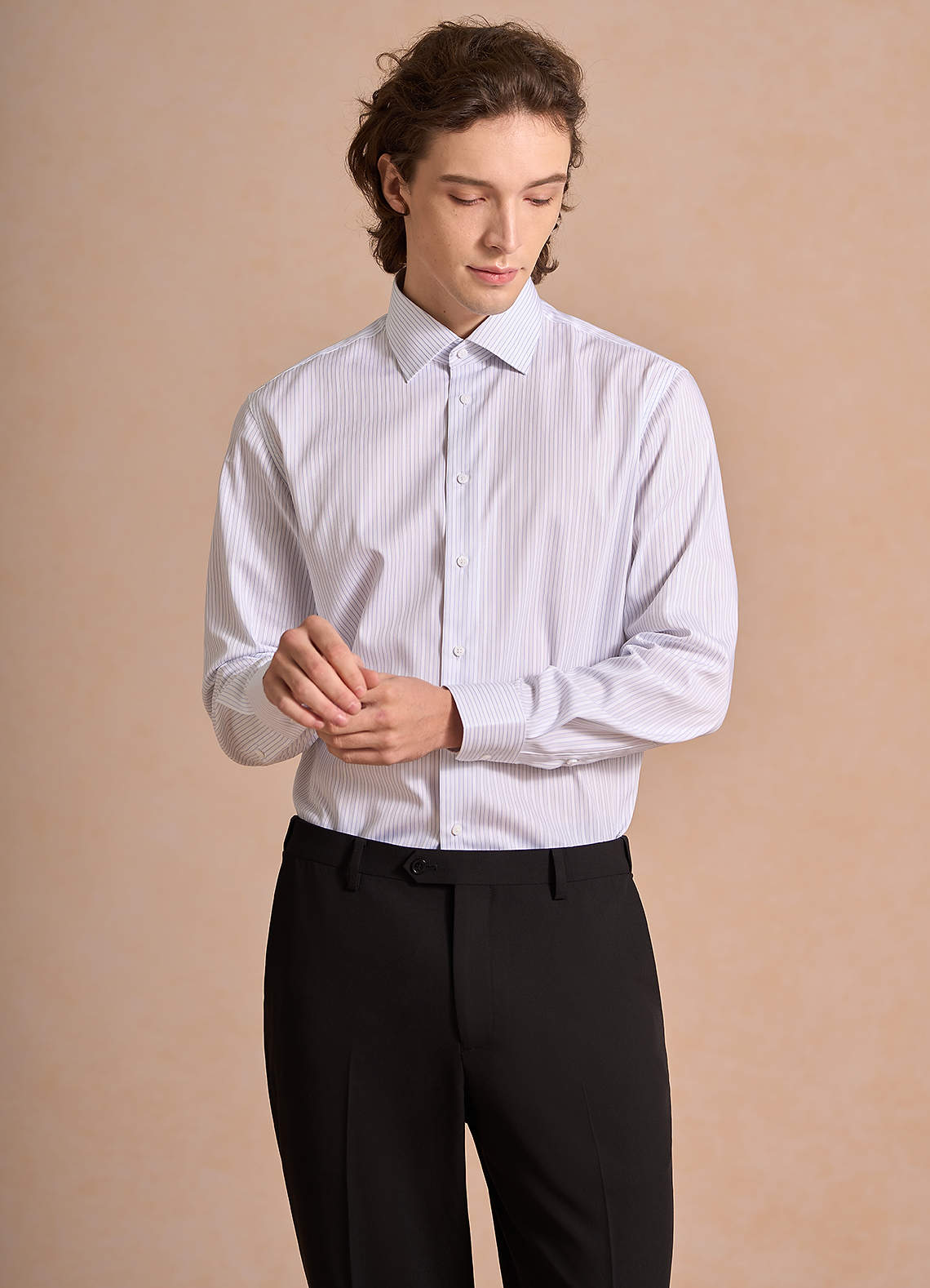 front Aiden Light Oxford Blue 100% Cotton Non-Iron Striped Dress Shirt