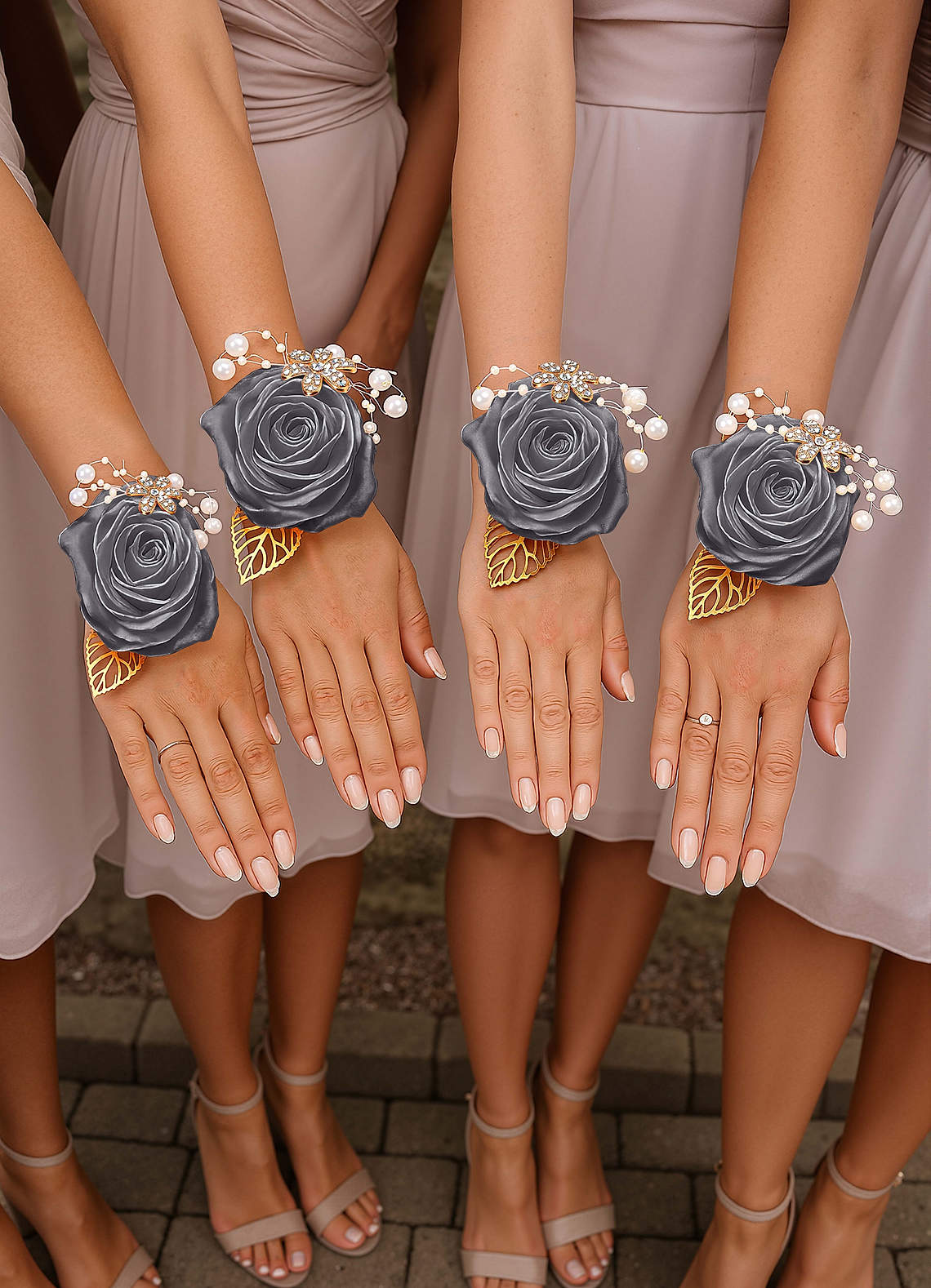 front 6PC Matching Color Bridesmaids Wrist Corsage with Pearl Bracelet