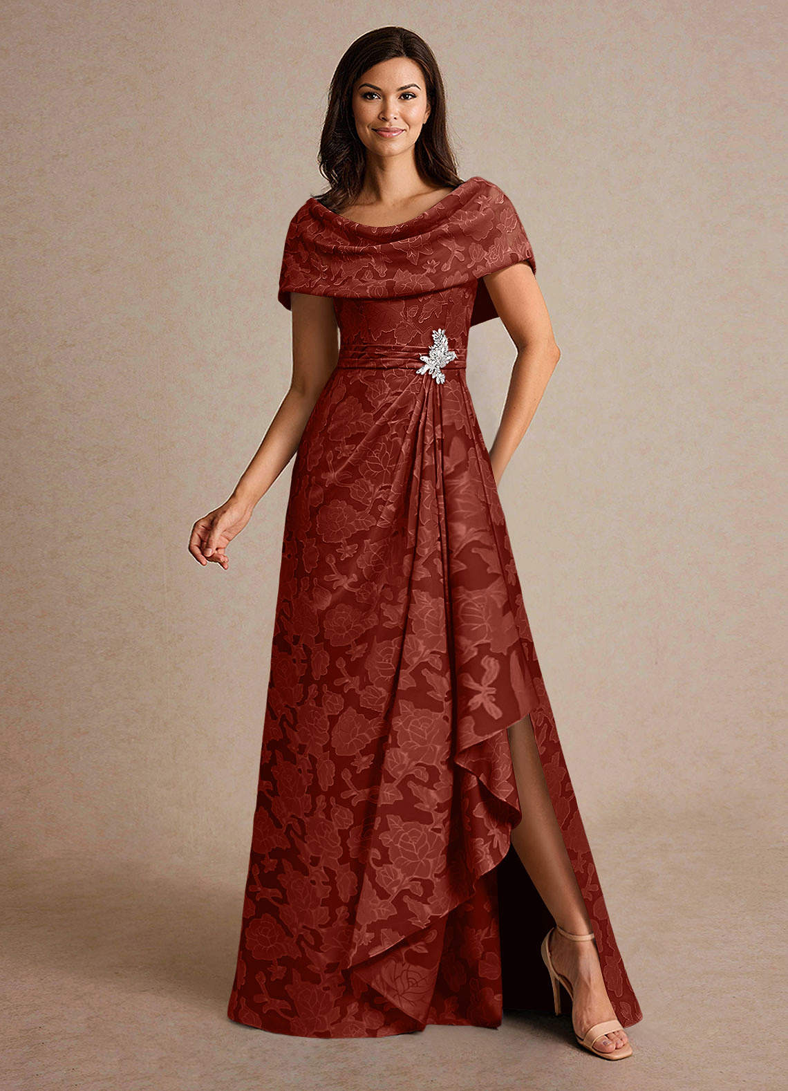 Azazie Branford vestidos de madre de la novia Vestido de Terracota de Devorado Floral de Corte En A con Plisado image3