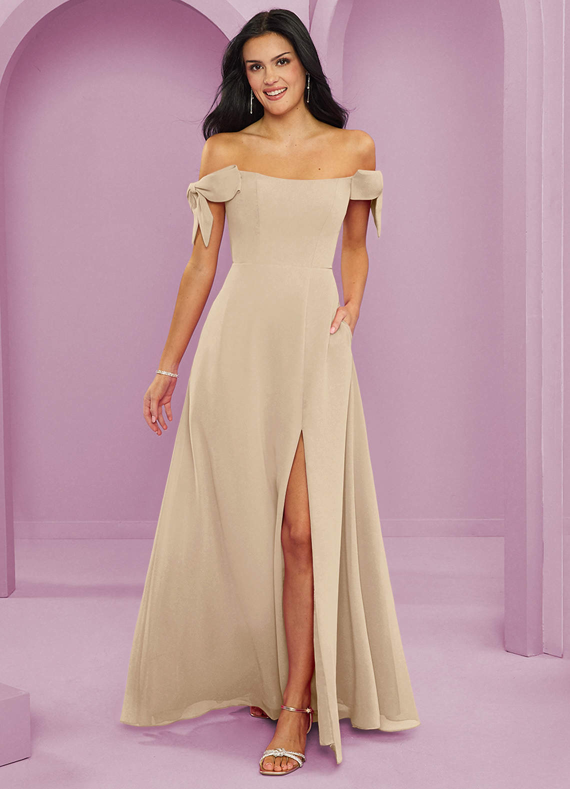 Barbie ♥ Azazie Robes de demoiselle d'honneur Robe Trapèze Convertible en Mousseline de soie Épaule décolletée Champagne image1
