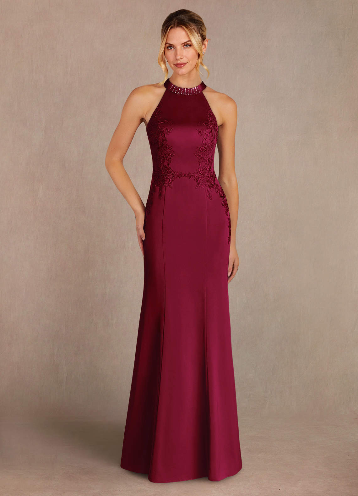 Azazie Tyra vestidos de madre de la novia Vestido de Borgoña de Satén Elástico de Sirena con Encaje image1