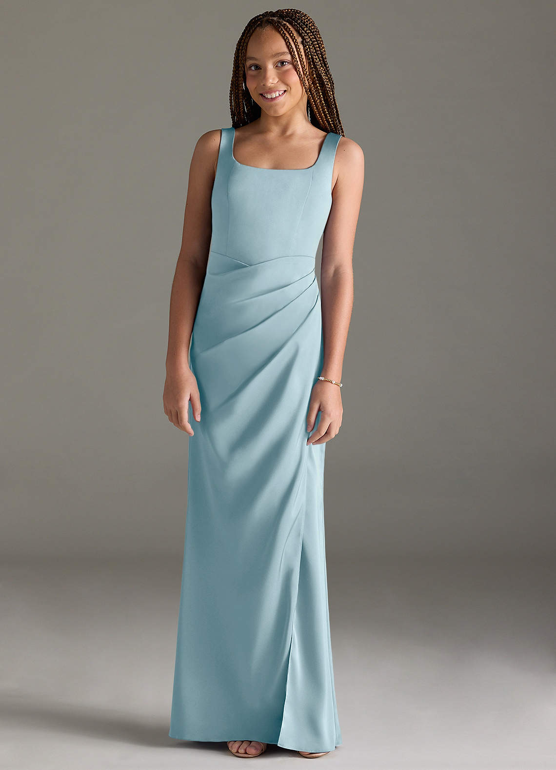 Azazie Mero Junior Moody Blue Mermaid Pleated Stretch Satin Dress image1