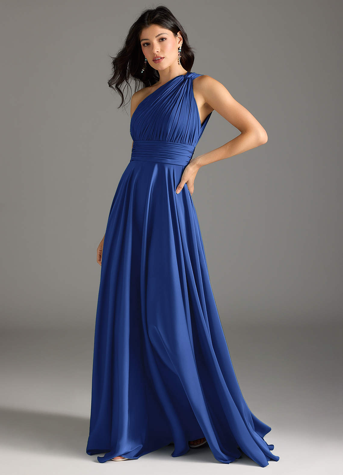 Azazie Charlize Vestidos de damas de honor Vestido de Azul Real de Satén Elástico de Corte en A con Hombro unilateral image3