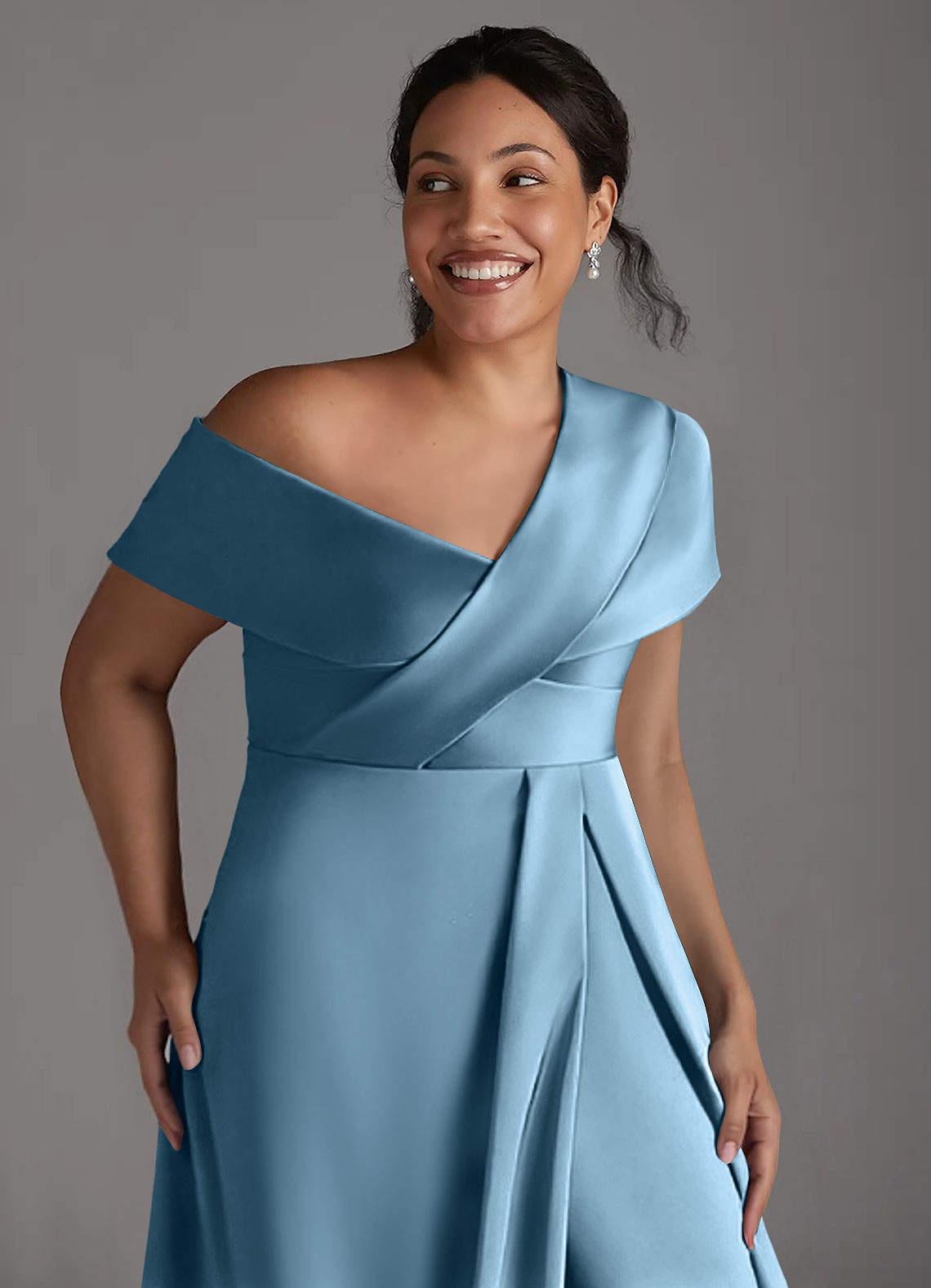 Azazie Milton Mother of the Bride Dresses Steel Blue A-Line Pleated Stretch Satin Dress image12