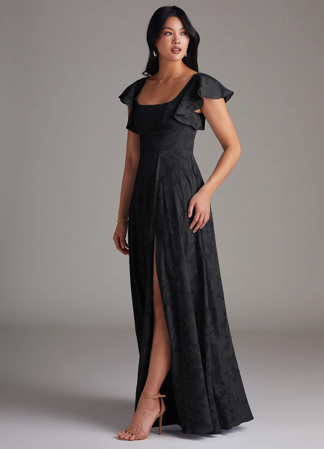 Azazie Bondi Bridesmaid Dresses Black A-Line Side Slit Floral Burnout Dress image1