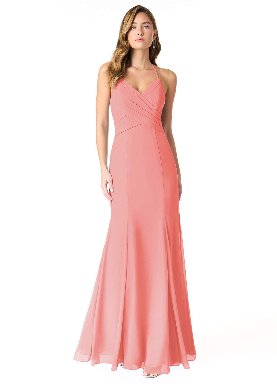 Azazie Carolina Bridesmaid Dresses Coral Mermaid Ruched Chiffon Dress image1