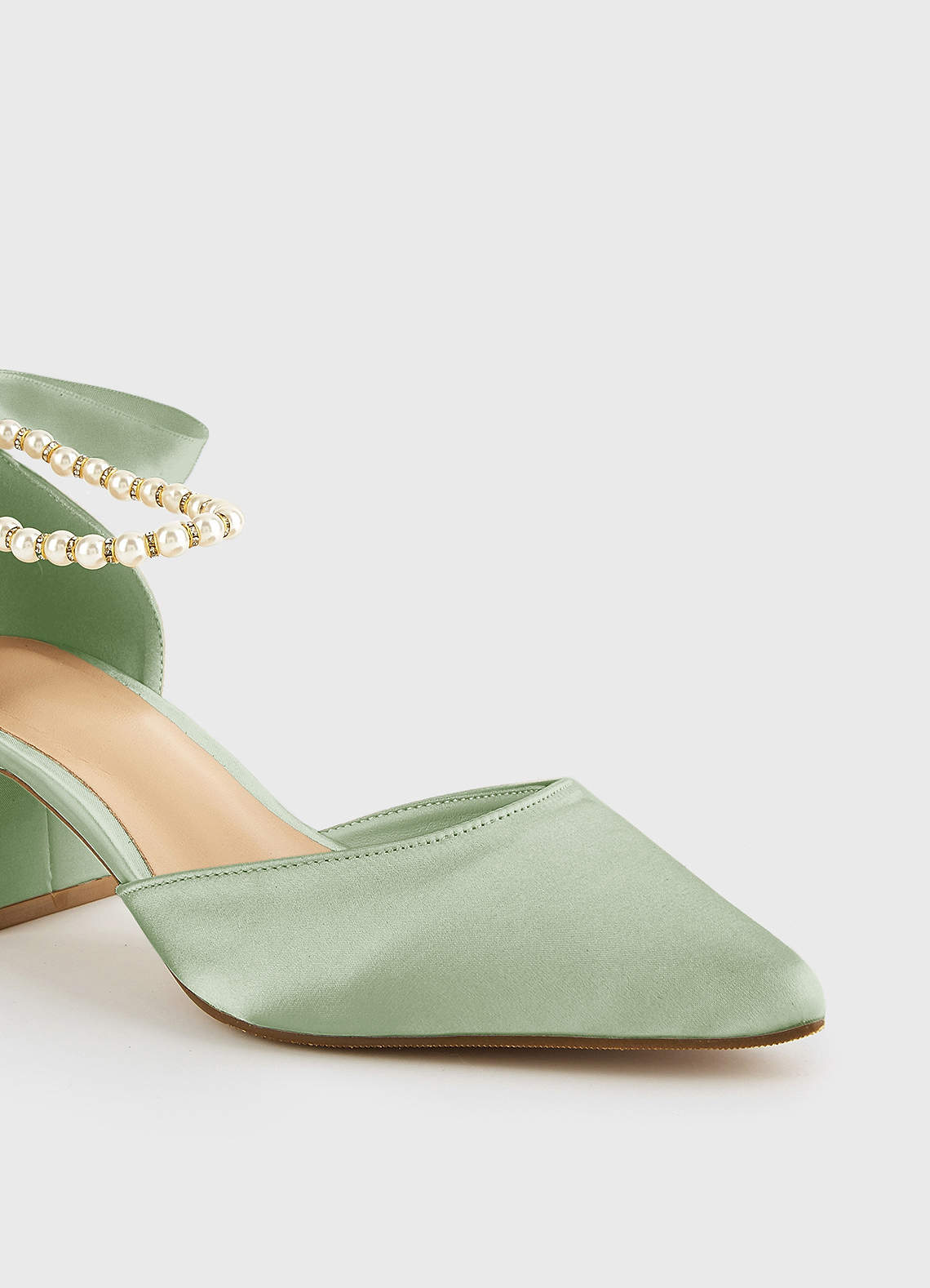 front Matching Color Matte Satin Pearl and Bow Pointed Toe Block Heels